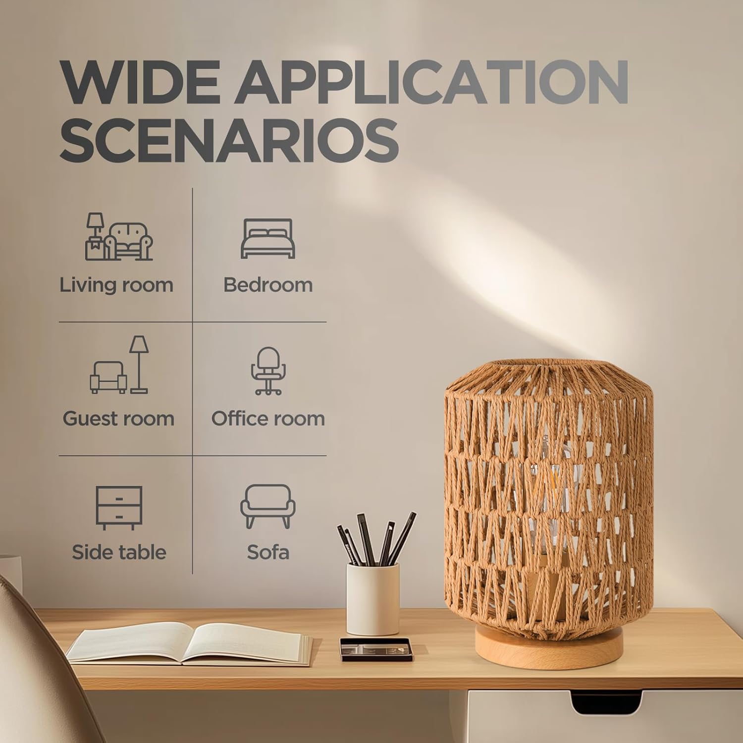 Farmhouse Rattan Table Lamp, Rattan Wicker Table Lamp Metal Base, Handmade Boho Bedside Lamp for Bedroom Living Room House Office