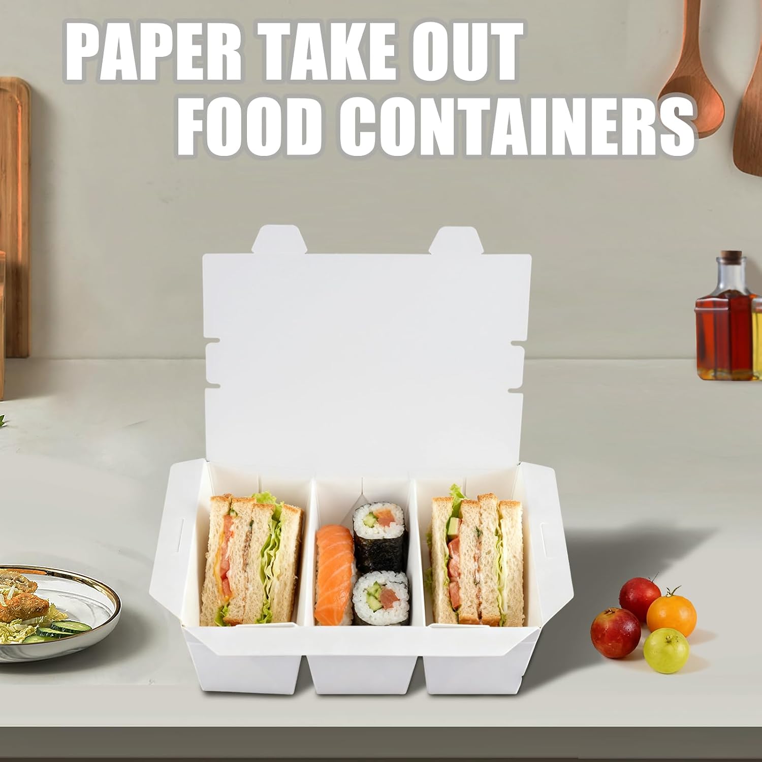 30 Pack 3 Compartment Paper Take Out Food Containers, 7.5x5.4x2.6" White Take Out Boxes, Disposable To Go Container Take Out Containers, Greaseproof Paper Bento Box Takeout Lunch Boxes with Lid image 4