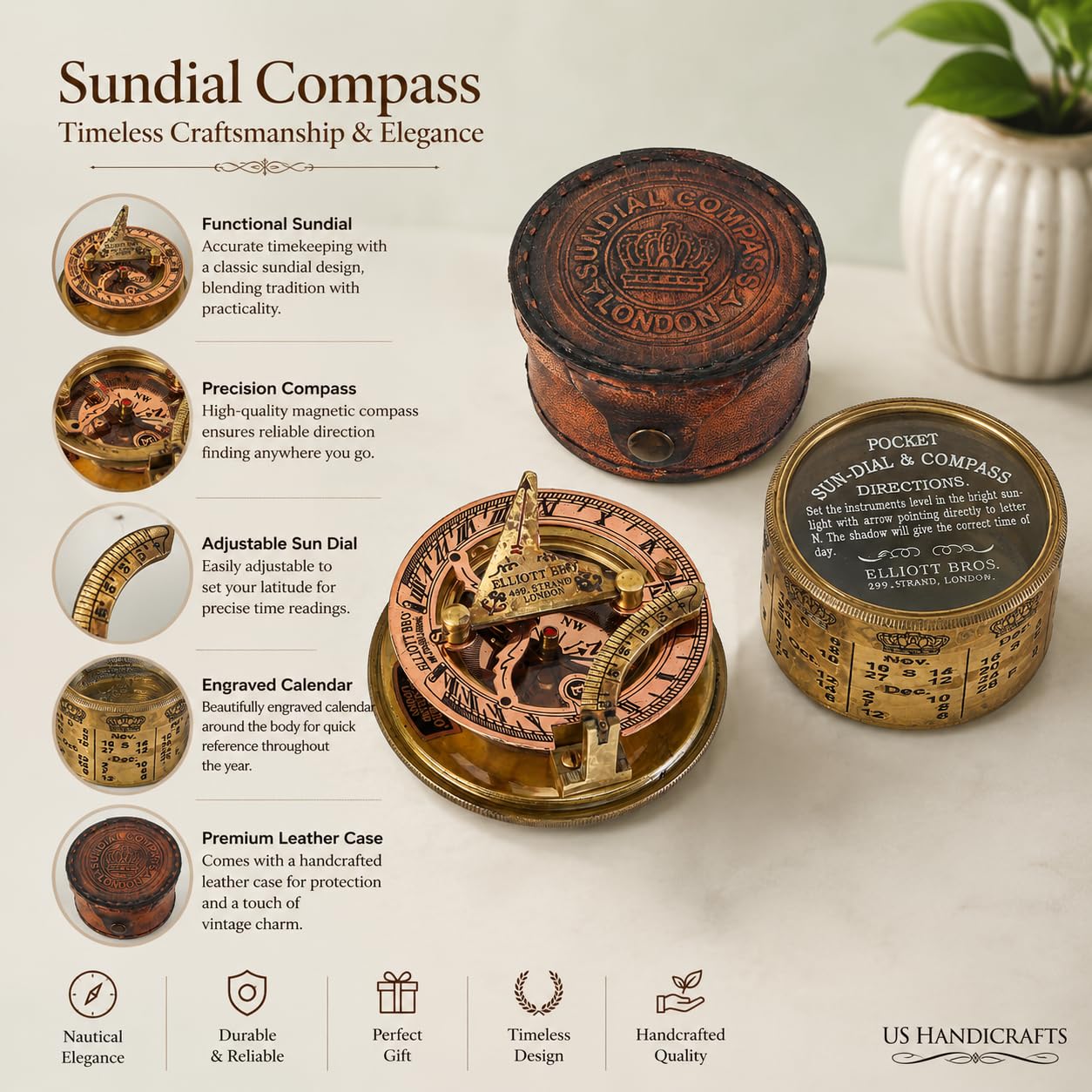 Vintage Compass Navigational Instrument - Marine Sundial Kompas ze skórzanym etui i kalendarzem...