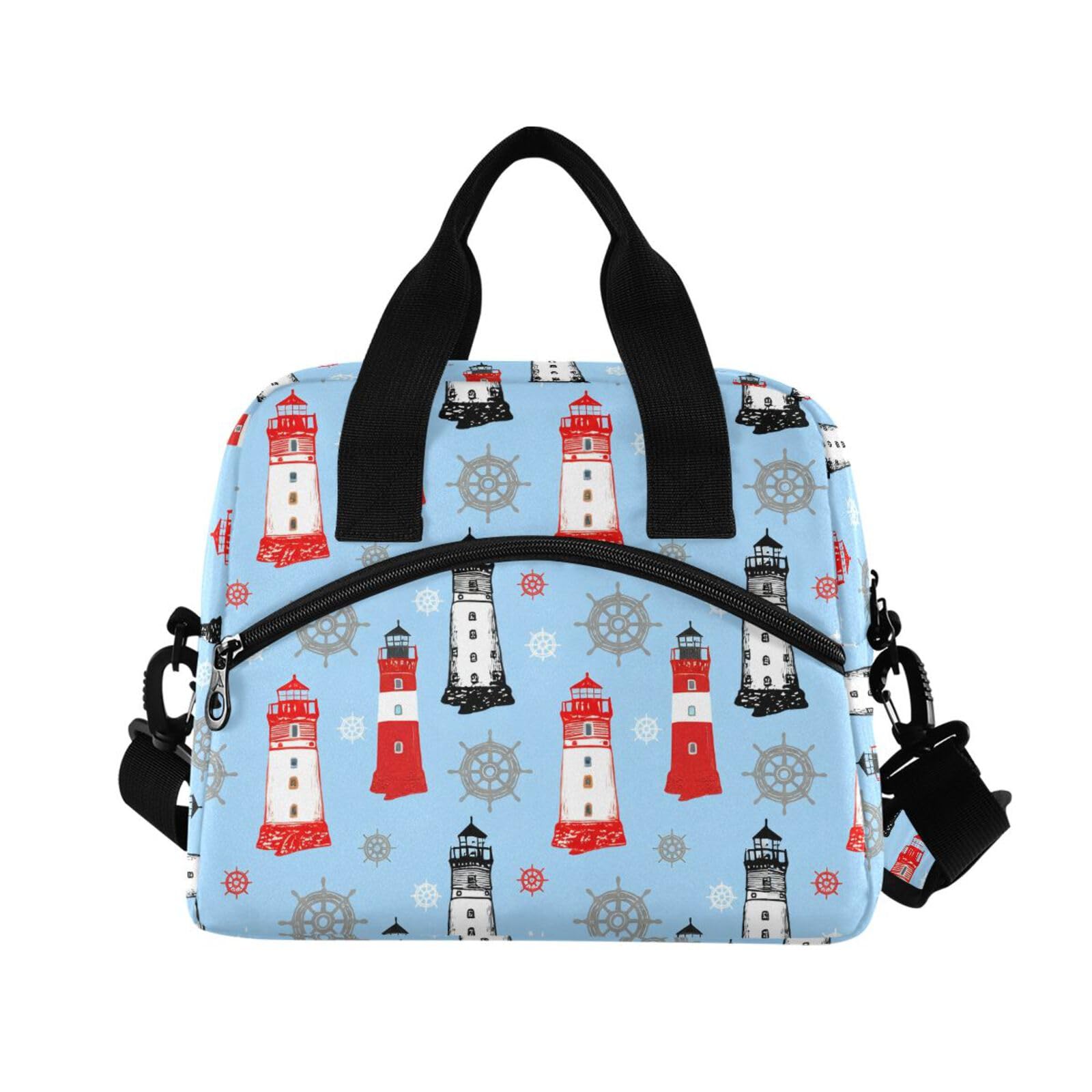 Insulated Lunch Bag Reusable Cooler Lighthouse Wheel Blue Lunch Box Adjustable Shoulder Strap for Office Picnic School