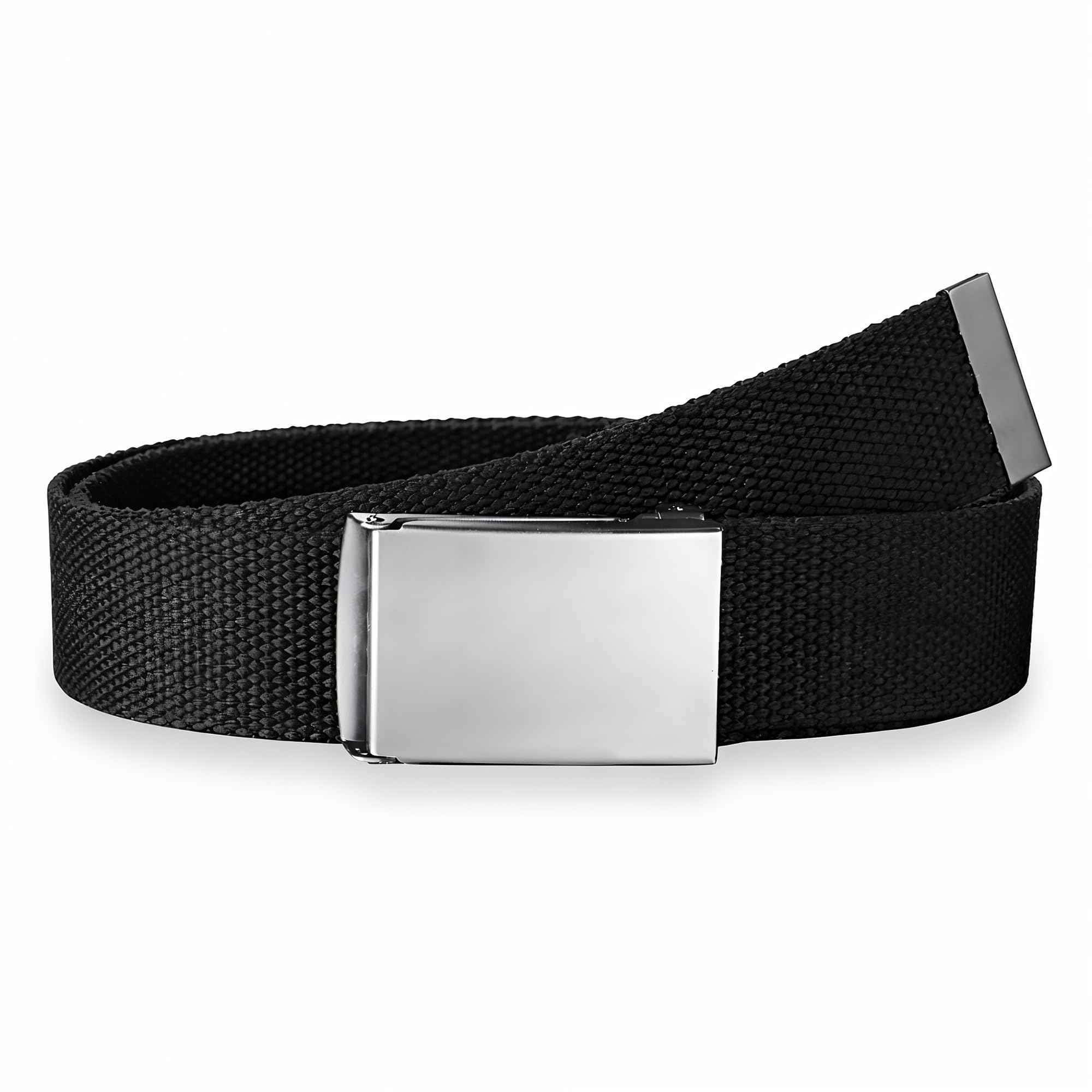 WedDecor Unisex Webbing Belt Fits 26-51 Inches - Army Combat Style Cotton Fabric Canvas Material - With Shiny Silver Buckle Slide Catch Clamp for Casual Wear-Black