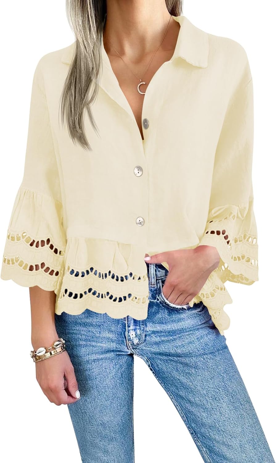 Cicy Bell Womens 3/4 Bell Sleeve Button Down Shirts Casual Ruffle Hem Tops Eyelet Blouse