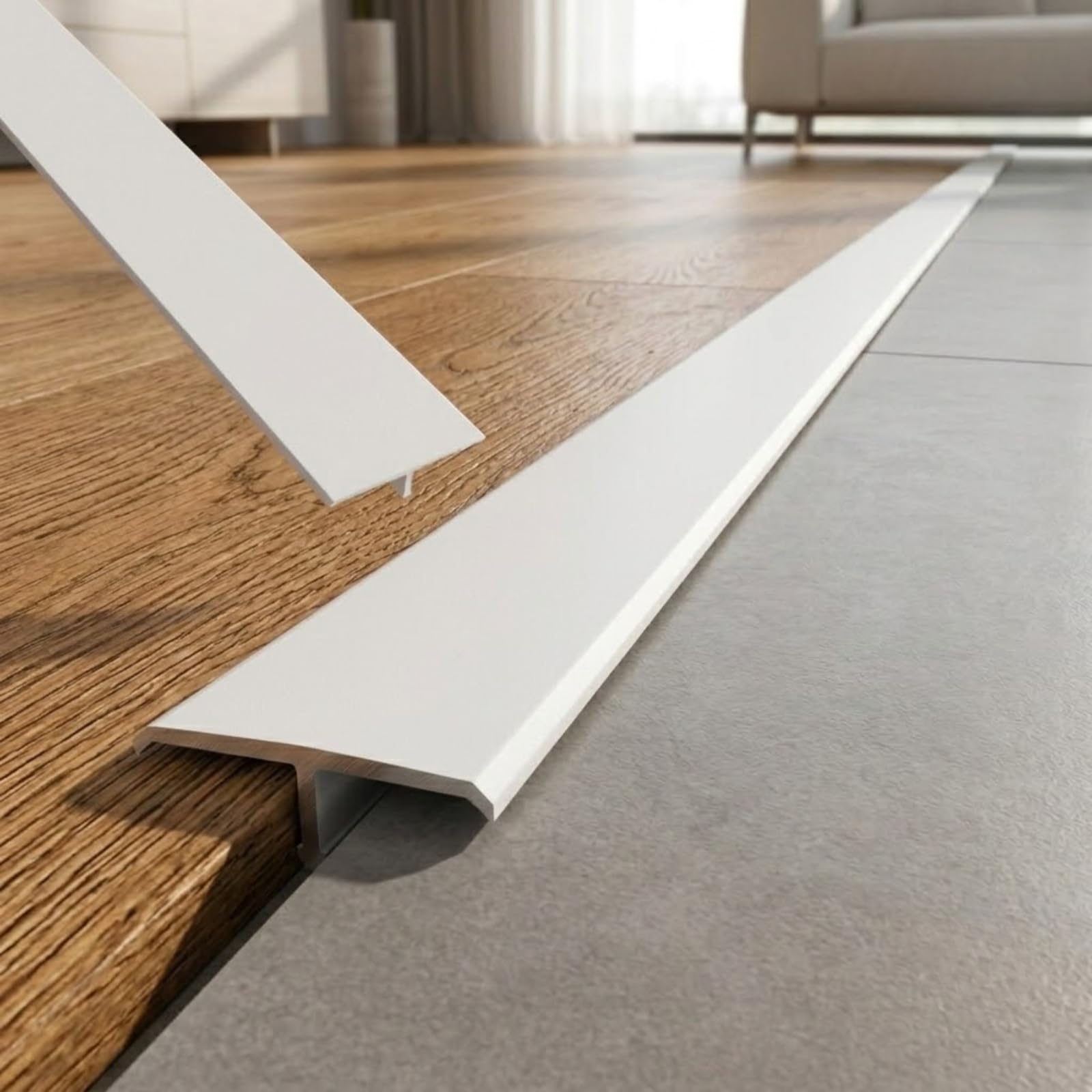 Aluminium T Moulding Floor Transition Strip, Self Adhesive Door Transition Strip, Metal Flat Divider Trim for Joining Laminate Floor Gaps, 90cm(White,W6cm*H0.7mm*L0.9m)