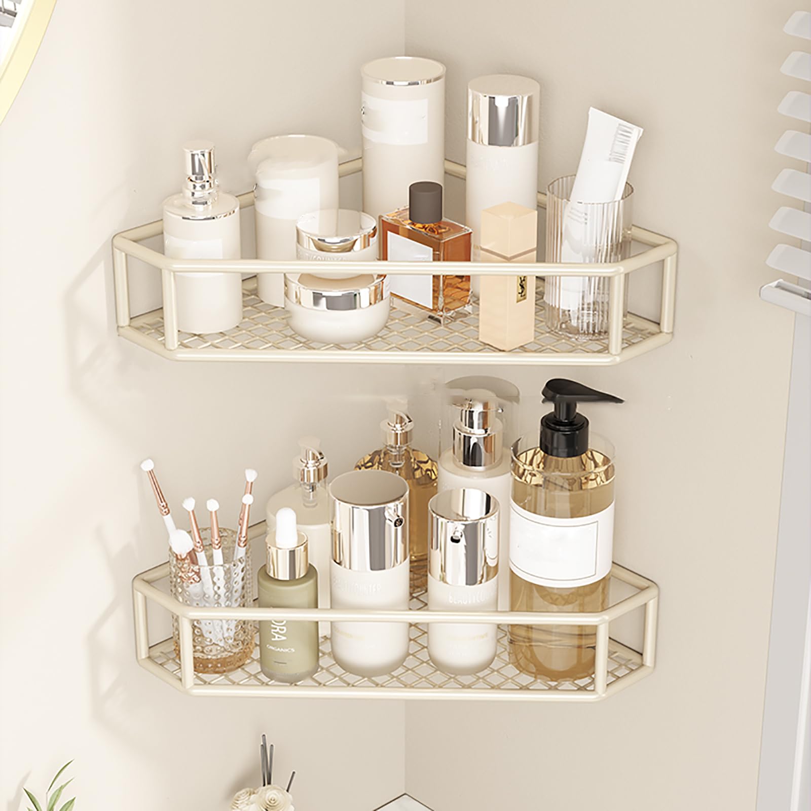 Mensola Doccia Angolare Senza Foratura 2 Pezzi, Autoadesiva Porta Shampoo Doccia, Porta Bagnoschiuma da Doccia Triangolo, per Casa Bagno Cucina(Color:Colore Crema)
