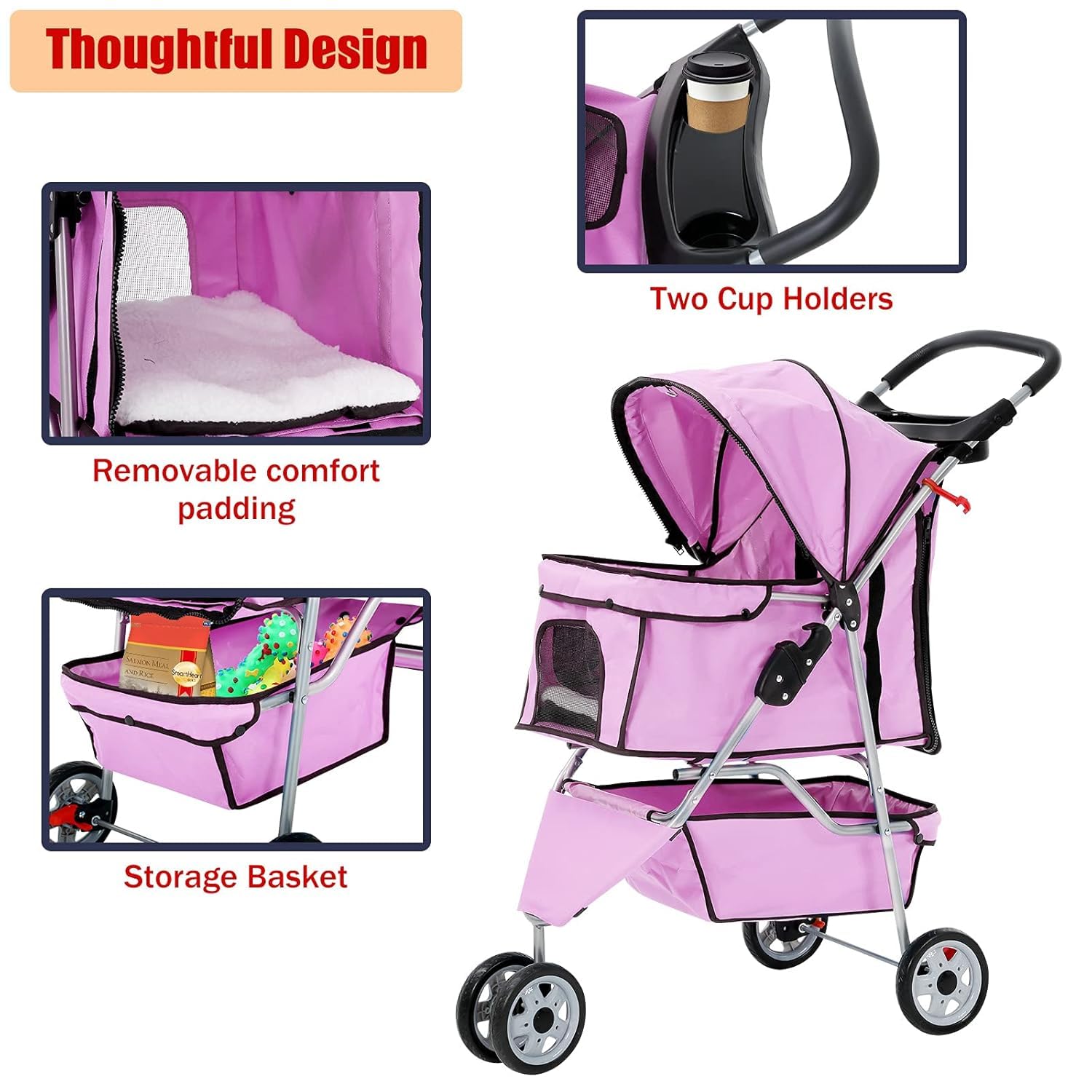 Pet Stroller for Small Dogs & Cats Doggy Puppy Cat Strollers 30 lbs Animal Jogger Folding with 360 Rotating Front Wheel Travel Carriages Cart, 34(L)* 17.5(W)*39(H) inches, Pink