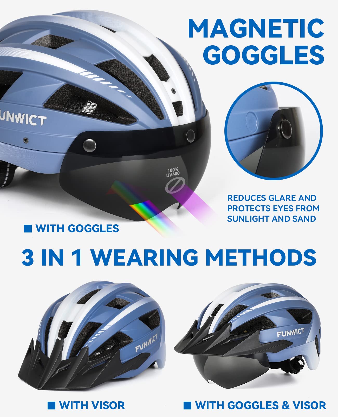 Casco Bicicleta para Ciclismo de Montaña Casco MTB Adulto con Visera y Gafas Desmontables Casco Ciclismo para Hombre Mujer de Tamaño 57-62cm (M: 54-58 cm, Azul)