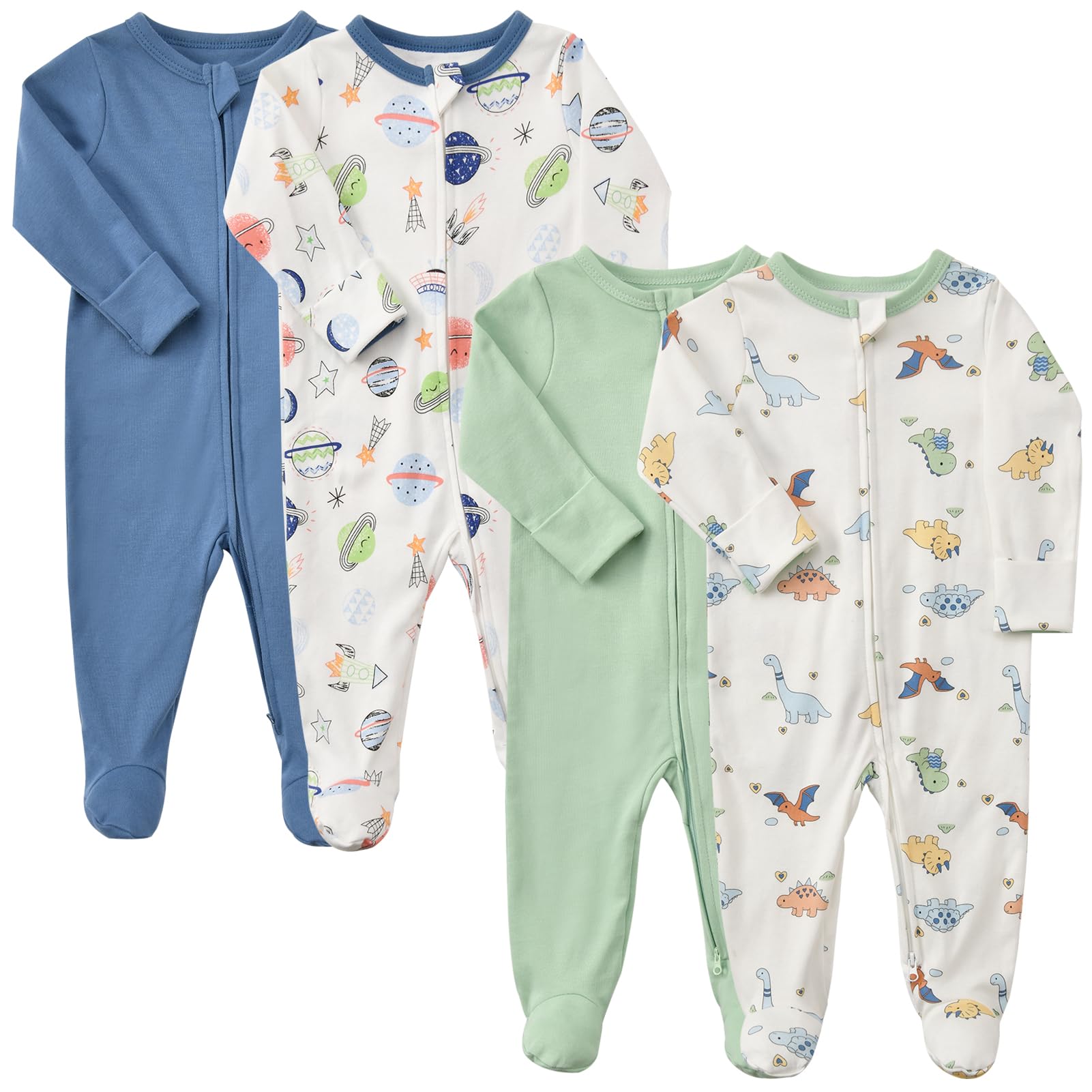 Baby Pajamas with Mitten Cuffs Zipper 4-Pack Infant Newborn Cotton Long Sleeve Footie Outfit