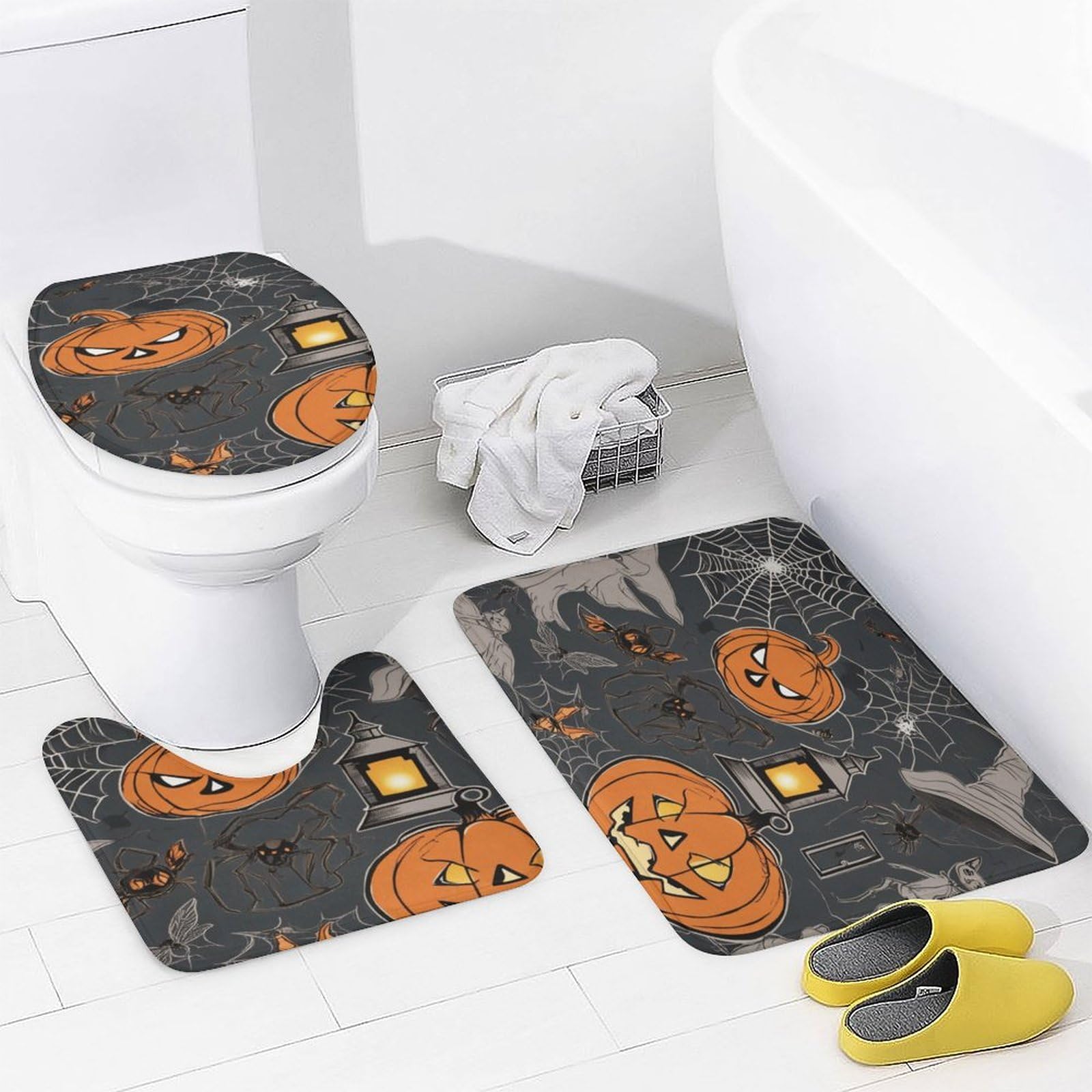 Halloween Duschvorhang-Set Mit Totenkopf-Kürbis | 4-teilig Inkl. Matte, WC-Bezug, Haken