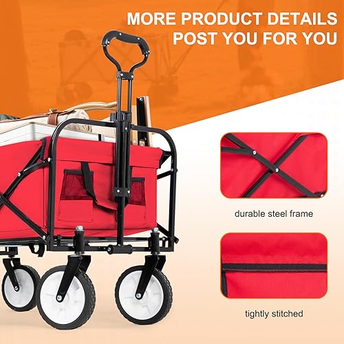 Miniatura 6 de Carro de jardín plegable con gran capacidad, carrito de utilidad portátil resistente para playa, camping, jardín, compras, color rojo