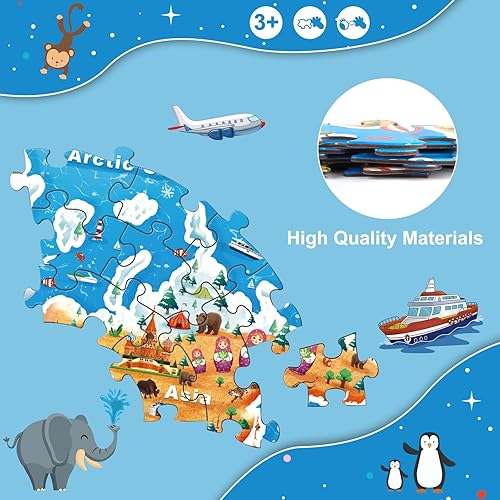 Miniatura 3 de Rompecabezas redondo de mapa del mundo, rompecabezas de suelo geográfico para niños, rompecabezas grande de 70 piezas para niños de 3 a 5 años,