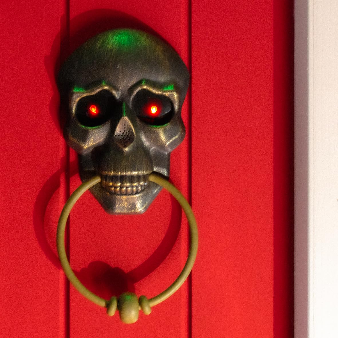 Global Gizmos Multicolor Halloween Skull Doorbell/Front Door Trick Or Treat Decoration/Glowing Led Lights & Spooky Voice/Bronze Brass Effect