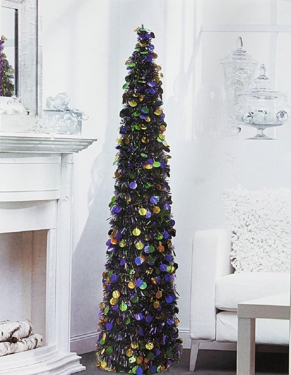 Mardi Gras 5 Foot Collapsible Tinsel Tree, Purple Green Gold, Pop Up Pencil Slim Design for Indoor Outdoor Party Decoration Porch
