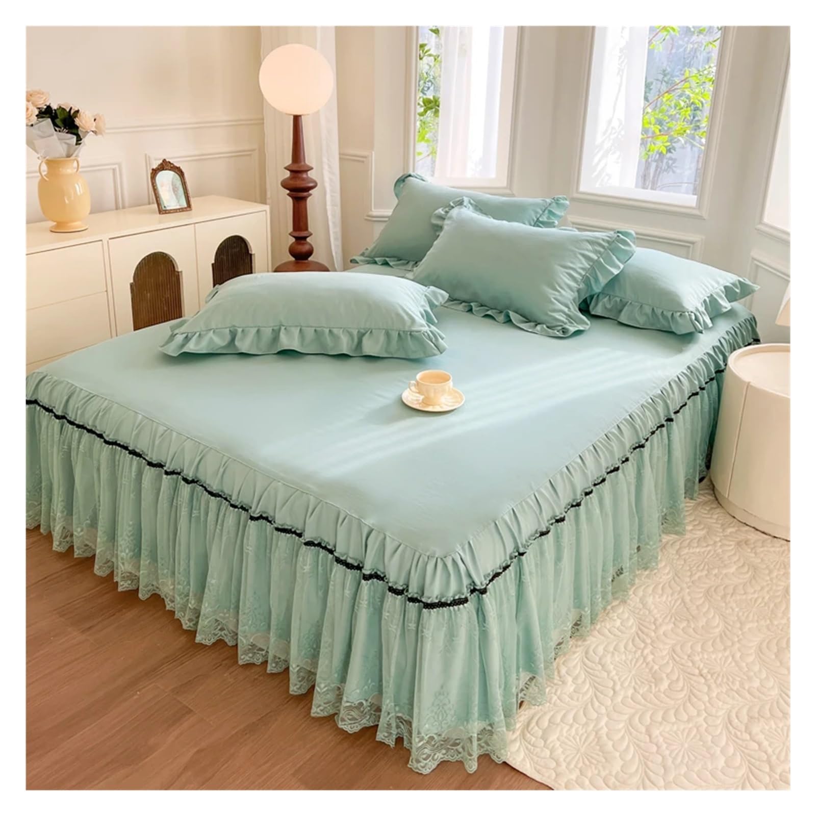 Lace Bed Skirt With Pillowcases Bedding Bedspreads Sheet Solid Color Lace Bedding Set(04,200x220cm 3pcs)