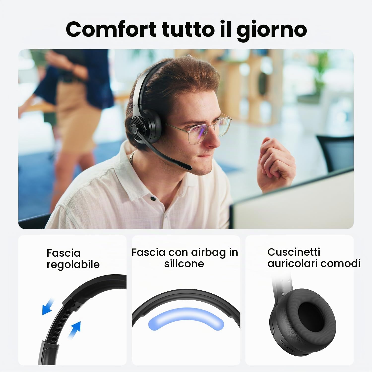 EKSA H3 Cuffie Bluetooth [65 Ore e Portata di 30M], Cuffie Mono per PC con Microfono e Riduzione del Rumore, Cuffie Wireless Bluetooth 5.4 aggiornate per Ufficio/Team