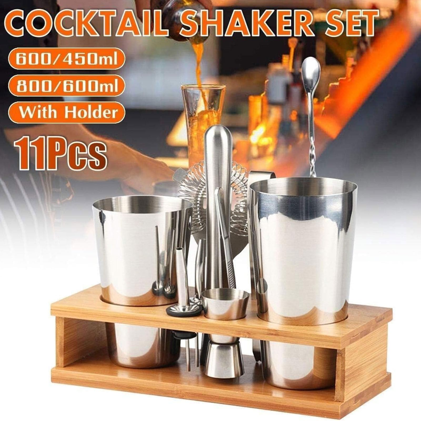 Ensemble de Shaker à Cocktail en Acier Inoxydable, Machine à Cocktail avec Support en Bois, Outil de Shaker, Ensemble de Fournitures de Bar pour mélange de Boissons, 10 pièces