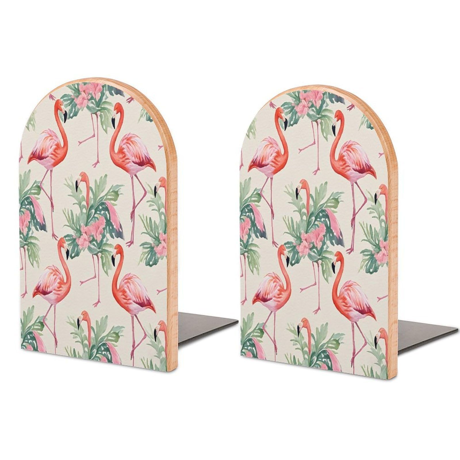 Watercolor Flamingo Bookend for Shelves Unique Book End Sturdy Books Holder Heavy Duty Wooden Bookends Support Non-Slip Book Organizers Decorative Modern Bookend Holder for Home