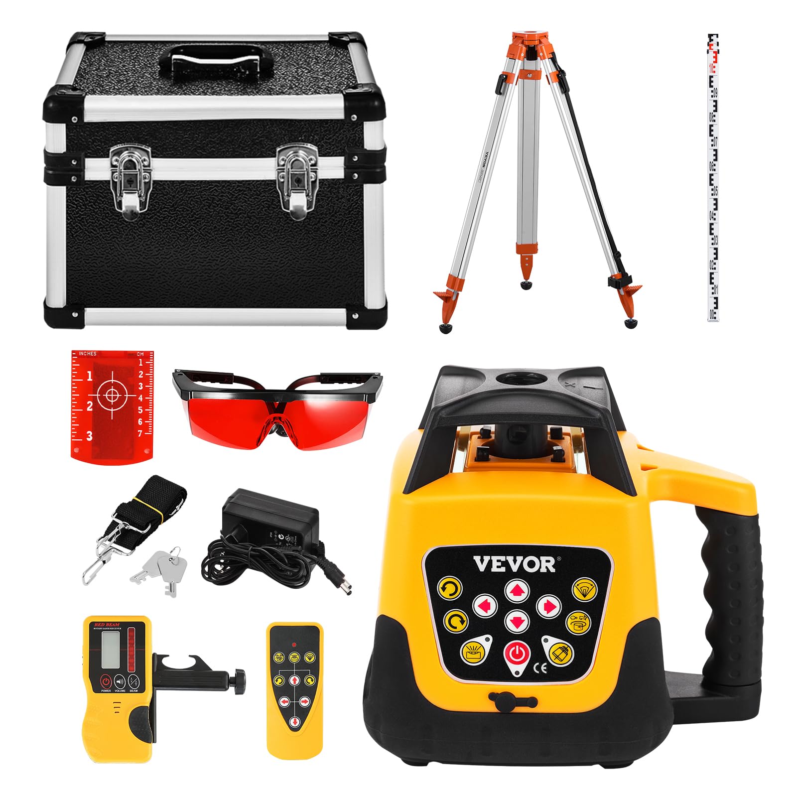 VEVOR Kit de Nivel Láser Giratorio con Trípode y Mira Telescópica Láser Roja, Alcance de 300 m, Giro de 360°, Ángulo de Escaneo Flexible, con Receptor de Control Remoto y Estuche de Transporte