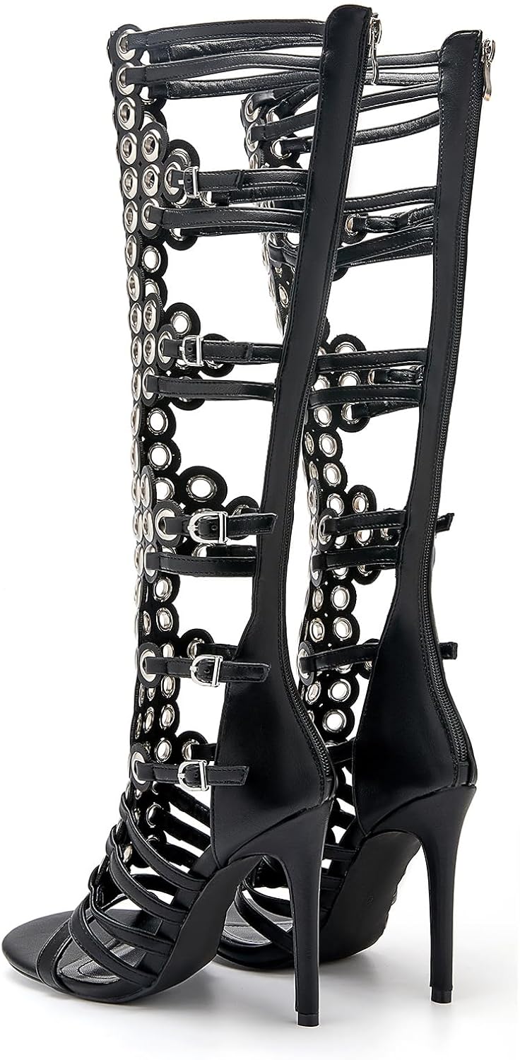 Women's 4.3IN Hollow Open Toe Knee High Boots Metal Buckle Stiletto Heels Nightclub Party Wedding Shoes - Image 5