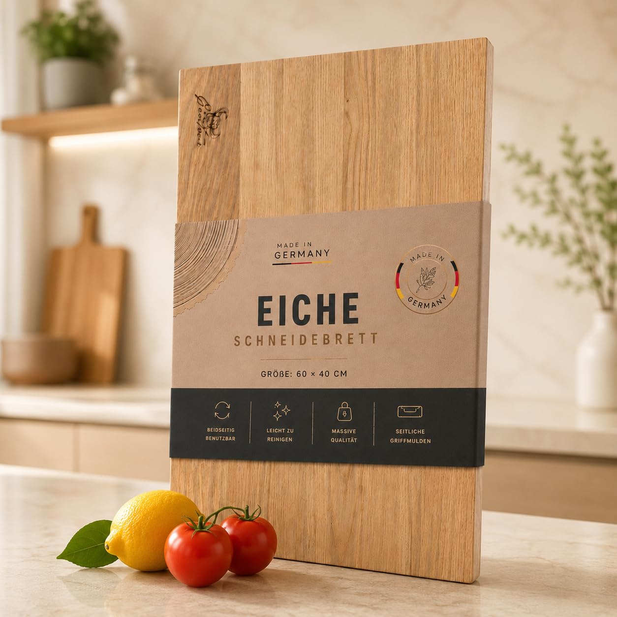 Centaur Massivholz Schneidebrett Made in Germany – Premium Küchenbrett aus Eiche 60x40cm – Großes Hackbrett mit Griffmulden & 3,5cm Stärke – Robust, Beidseitig Nutzbar & Öko-Massivholz