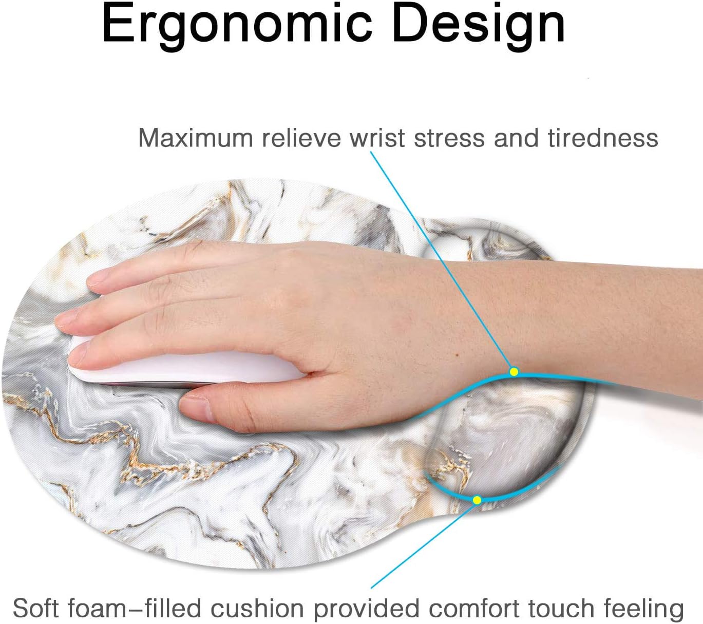 Britimes Ergonomic Mouse Pad with Wrist Support White Marble Non-Slip Rubber Base Mousepad for Home Office Gaming Working Computers Laptop Easy Typing & Pain Relief