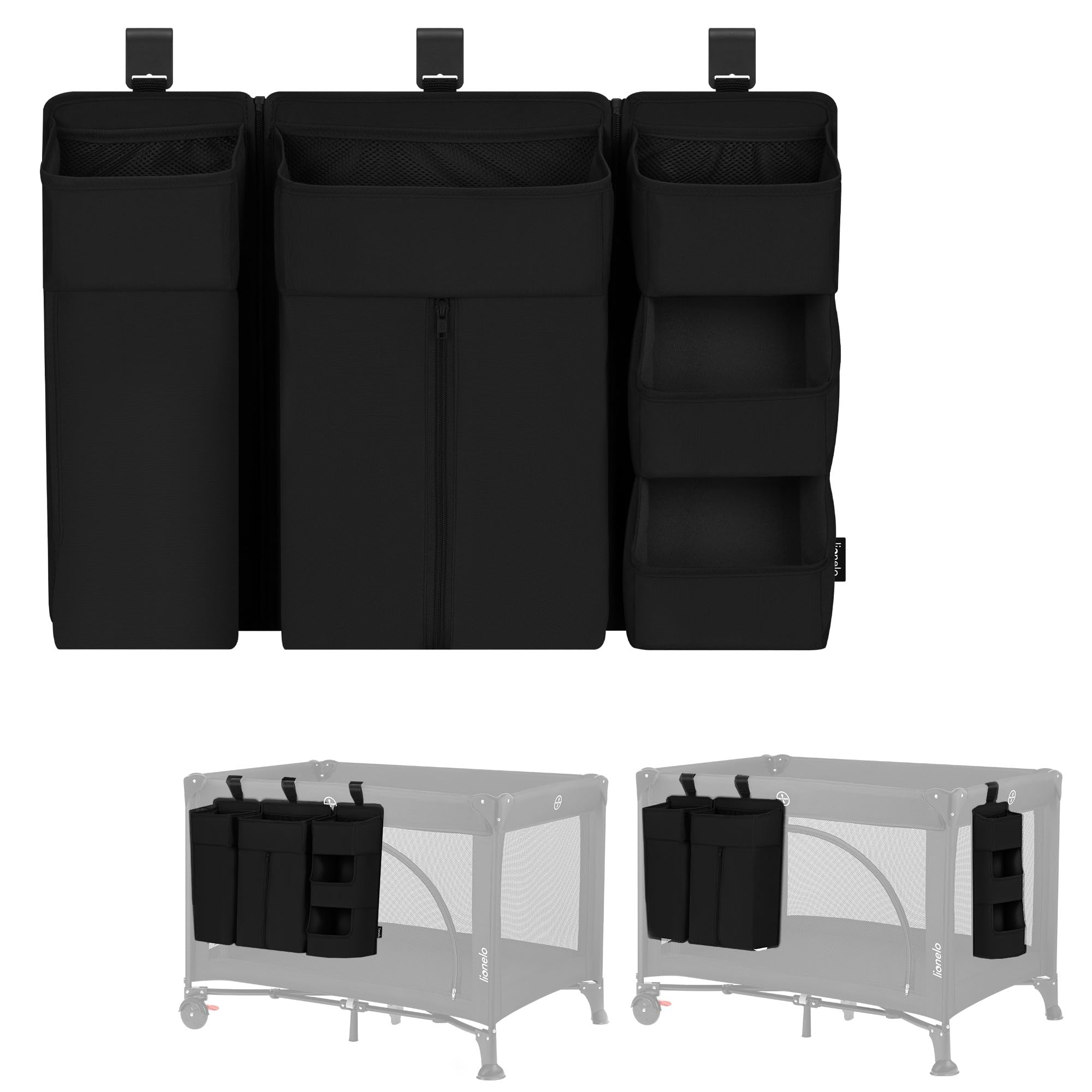 lionelo Sidepocket Large Hanging Nursery Organiser 58×11×58 cm – Modular 3-Section Cot Storage with Zip Pocket & Multiple Compartments – Fits Travel Cots, Bedside Cots, Cribs & Playpens