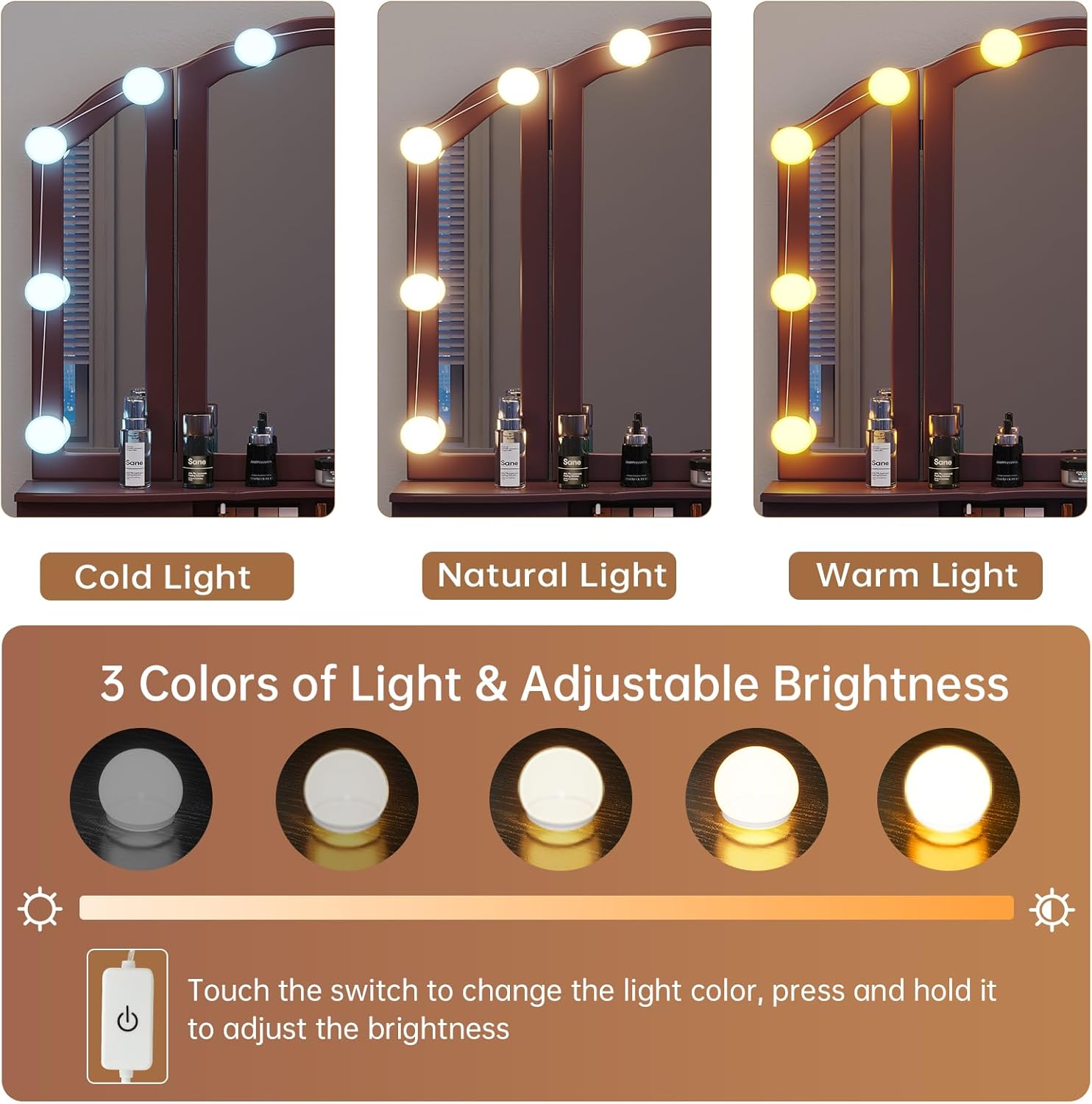 Illustration of 3 LED light color modes and brightness adjustment