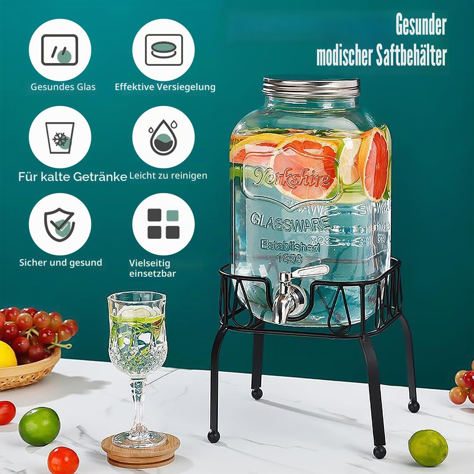 4L Getränkespender aus Glas mit Zapfhahn, Deckel und Metallständer, Wasserspender für Limonade, Saft, Eistee, Cocktails und kalte Getränke, für Party, Buffet und Küche