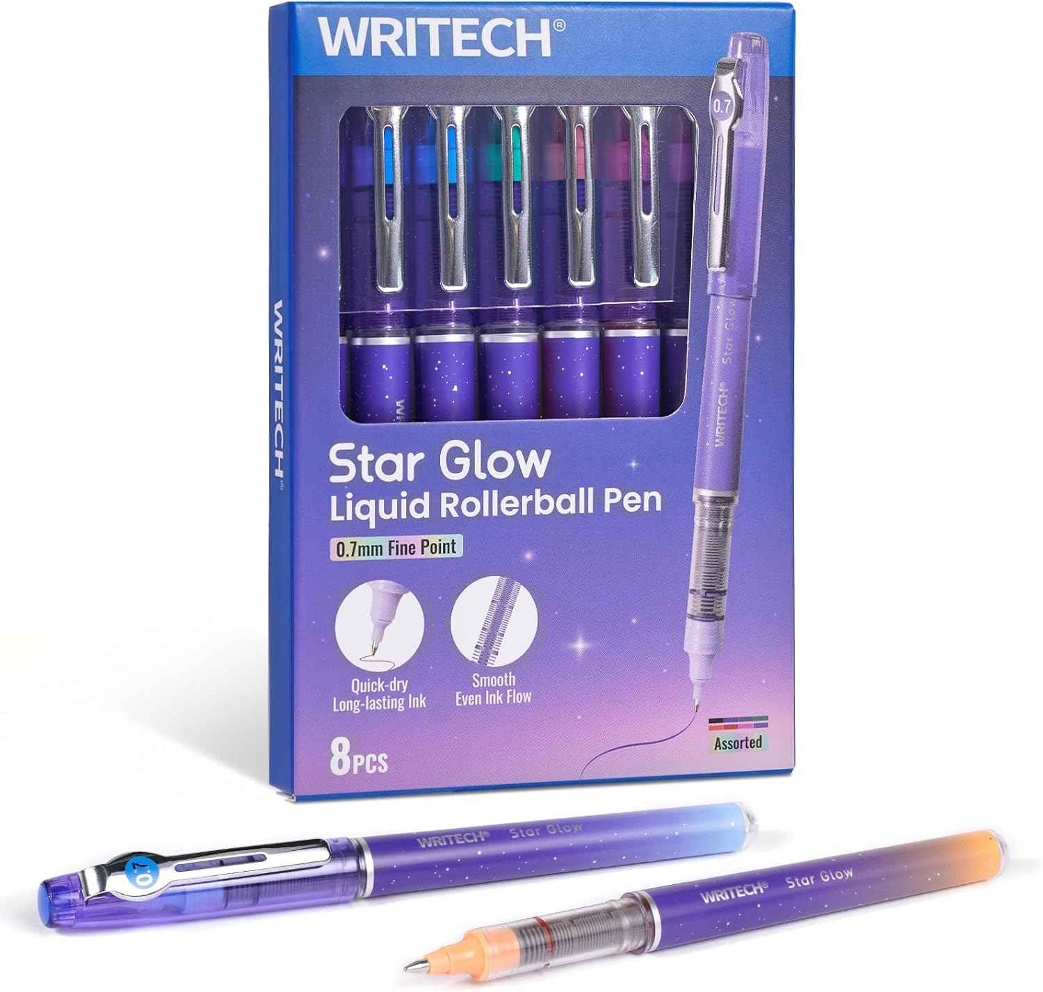 WRITECH Liquid Ink Rollerball Pens: 8ct Assorted Colors Fine Point Tip 0.7mm Roller Ball Rolling Pen for Smooth Writing Coloring Drawing Journaling No Bleed & Smear &Smudge Multi Colored