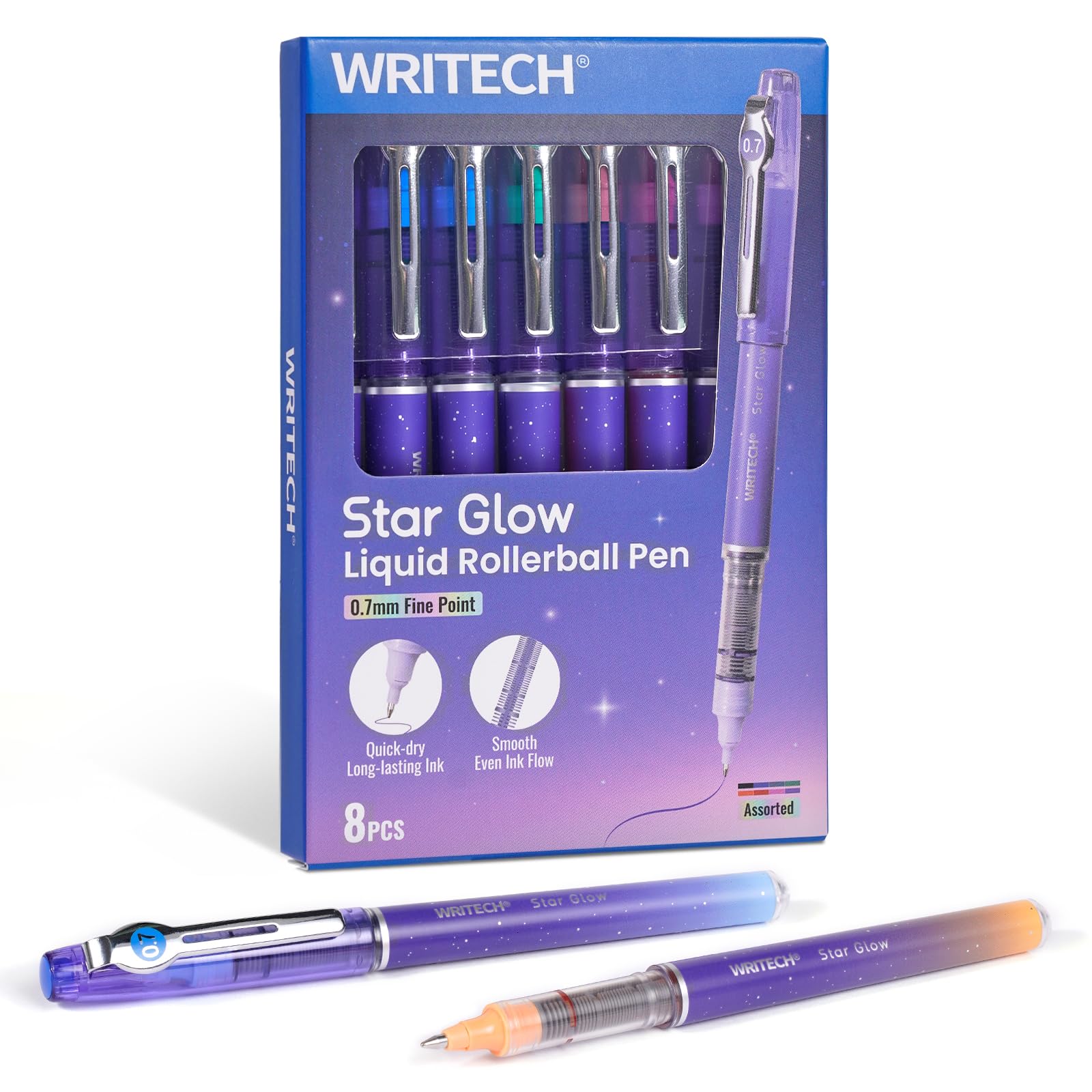 WRITECH Liquid Ink Rollerball Pens: 8ct Assorted Colors Fine Point Tip 0.7mm Roller Ball Rolling Pen for Smooth Writing Coloring Drawing Journaling No Bleed & Smear &Smudge Multi Colored.