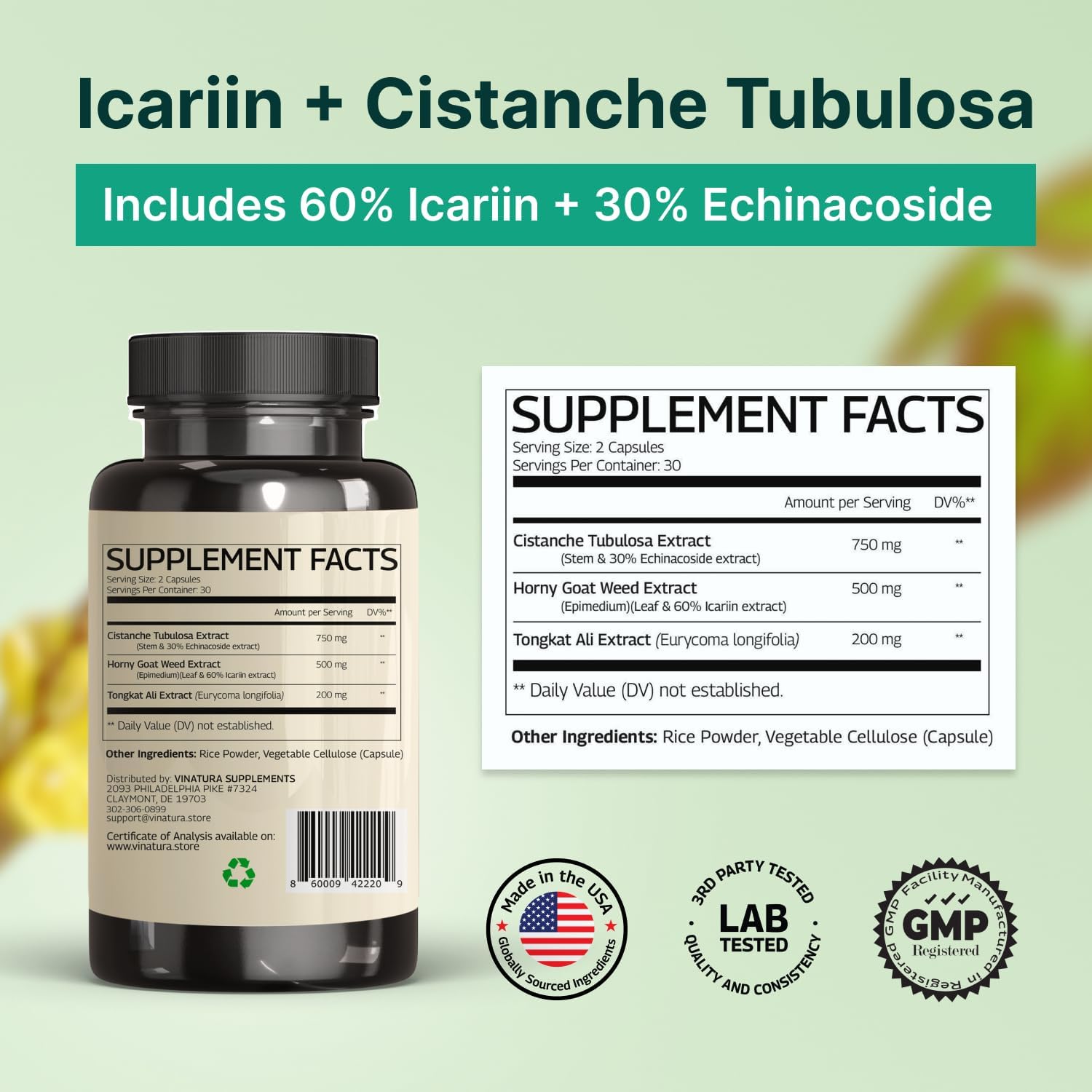 VINATURA Cistanche with Horny Goat Weed 60% Icariin - 1250mg per Serving, Cistanche Tubulosa, Cistanche Supplement Men, Energy, Strength Cognitive *USA Made and Tested* - 60 Capsules 30 Servings - Image 2