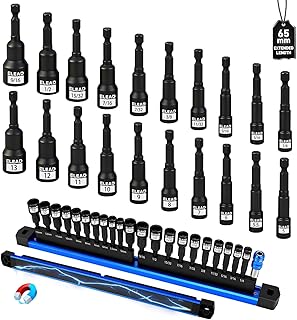 22-Piece Magnetic Nut Driver Set, Metric & SAE (5-13mm & 1/4"-9/16"), 65mm Long, 1/4" Hex Shank Drill Socket Set, Wing Nut-Driver Bit, Quick-change Extension, Magnetic Aluminum Storage Rail