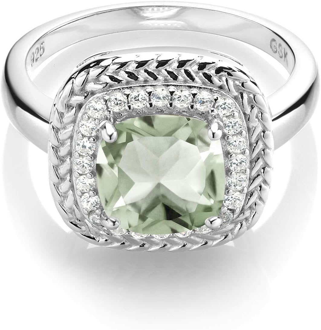 Gem Stone King 925 Sterling Silver 8MM Cushion Gemstone Birthstone Halo Engagement Ring | Wedding Engagement Anniversary Promise Ring For Women | Available In Size 5, 6, 7, 8, 9