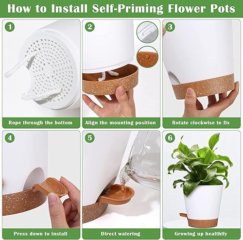 Miniatura 7 de Oradrem Paquete de 6 macetas, macetas de riego automático con agujeros de drenaje, macetas de plástico de 5 a 8 pulgadas, poner en interiores y