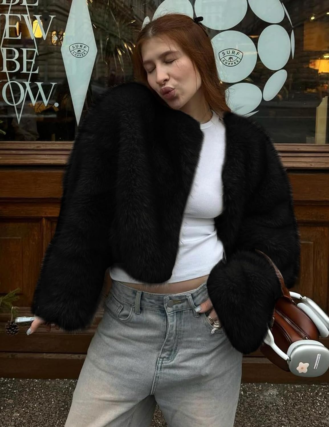 Wyeysyt Womens Faux Fur Coat Cropped Fur Jacket Fluffy Long Sleeve Open Front Fuzzy Winter Warm Outerwear - Image 5