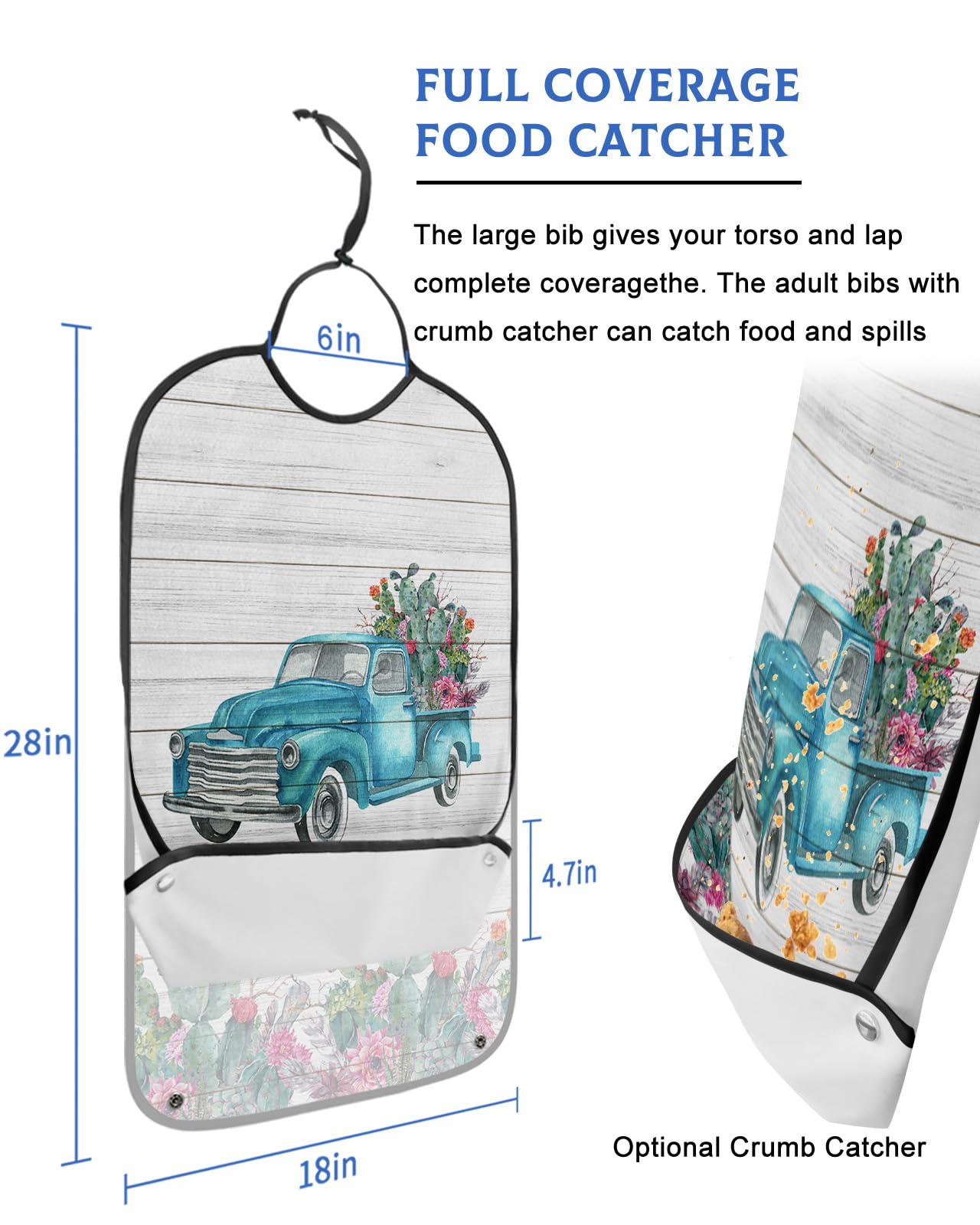 Summer Tropical Adult Bibs for Eating, Waterproof Bibs with Food Catcher & Adjustable Snap Closure, Teal Cactus Truck Rustic Wooden Washable Clothing Protectors Adult Bibs for Elderly Women/Men