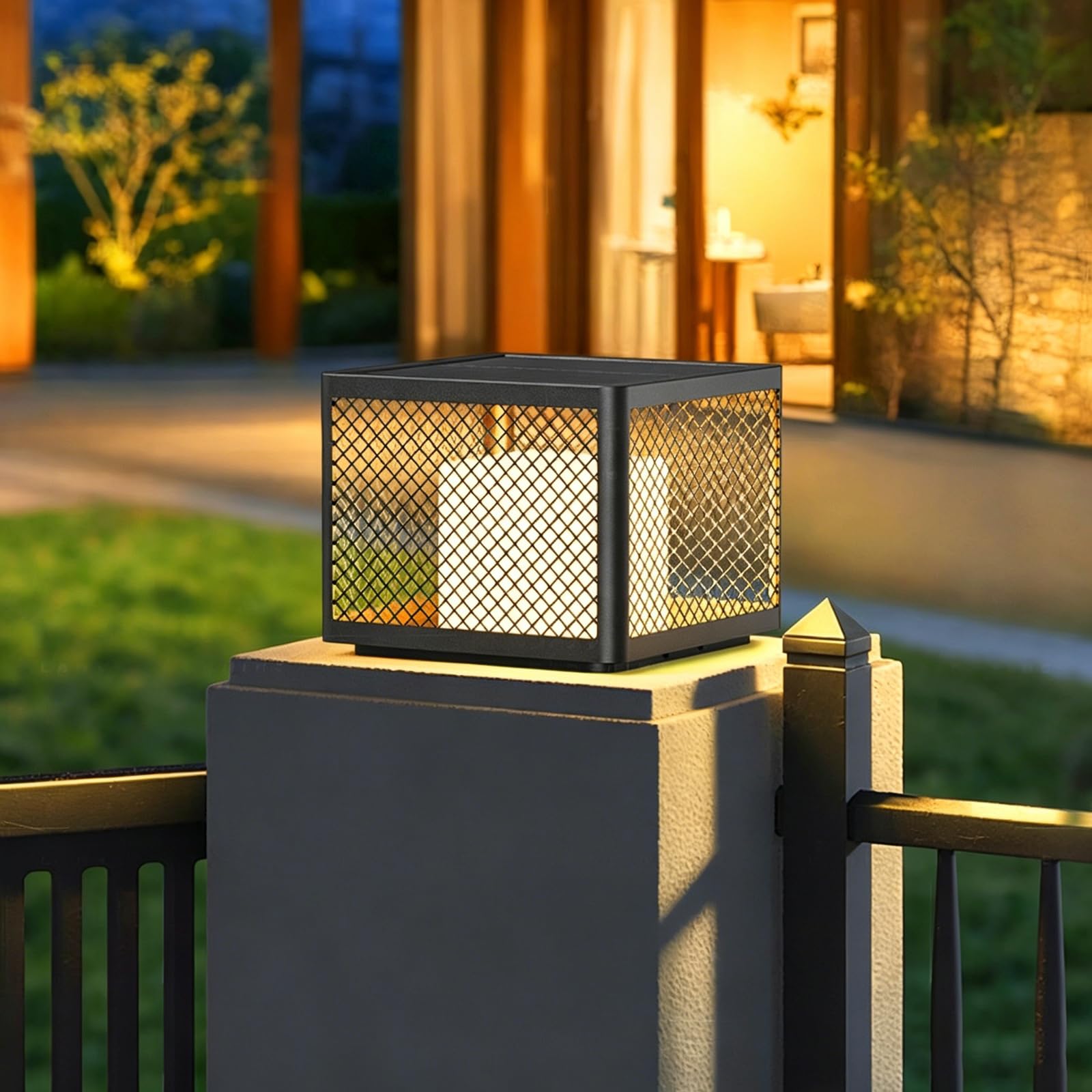 Outdoor Solar Post Lights With Remote Large Gate Column Post Solar Light Exterior Waterproof LED Pedestal Bollard Lighting Modern Black Fence Deck Lanterns Porch Pillar Lamp For Yard Mailbox Pier Lamp