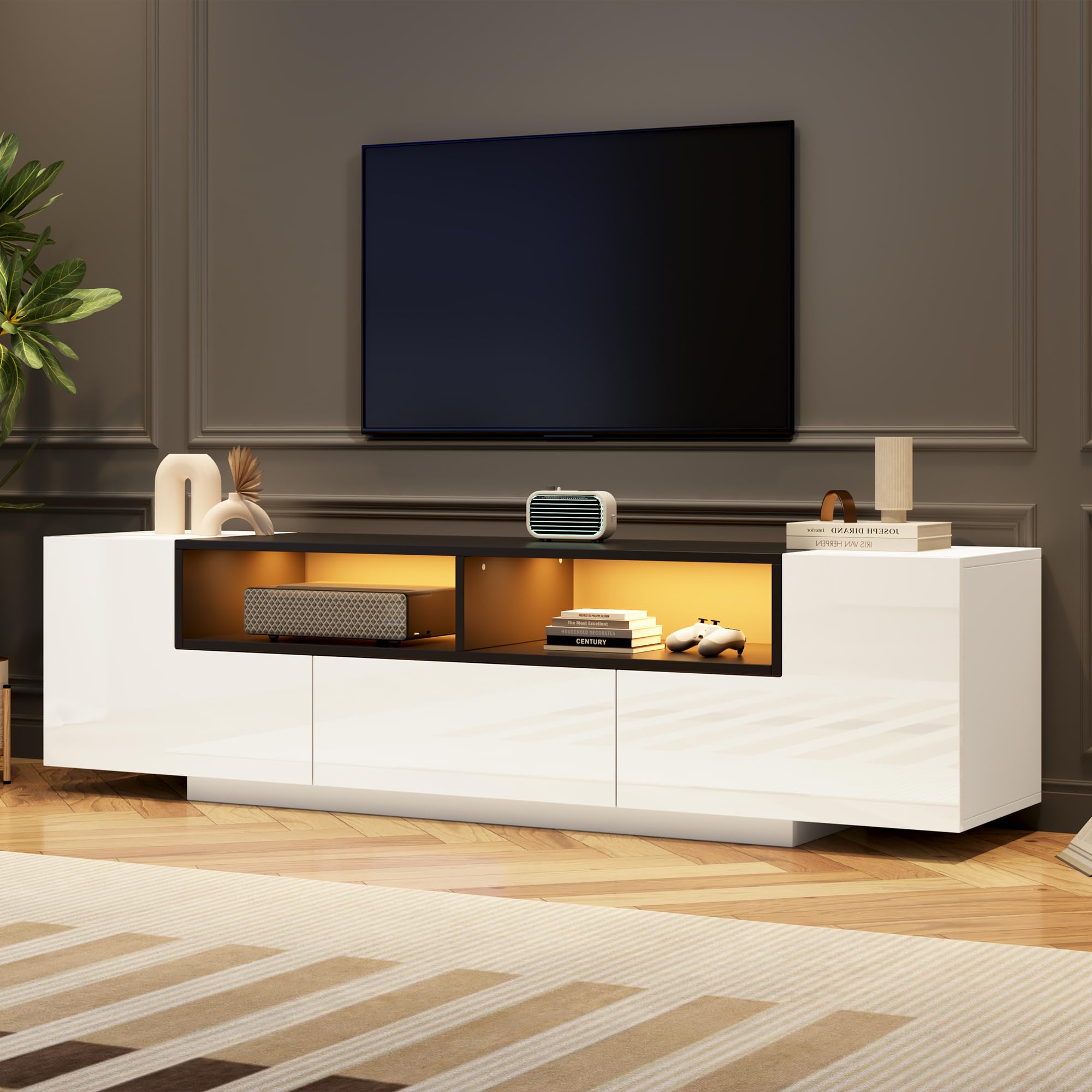 Meuble TV avec Ambiance Lumineuse,Support Télé,2 Portes,Tiroirs,Longueur 180cm,Meuble Télé de Salon,Armoire Basse Salle de Séjour Intérieur pour Télévision jusqu'à 75 Pouces,Moderne