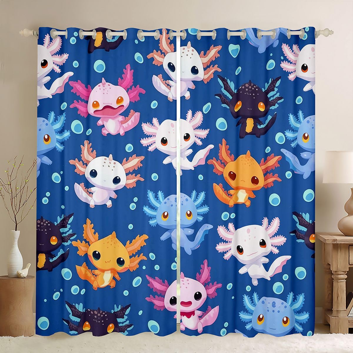 Homemissing Simpatiche tende Axolotl per camera da letto e soggiorno, stile kawaii, oceano marino, oscuranti, tende oscuranti con salamandra, 2 pannelli, 132 x 228 cm (larghezza x lunghezza)