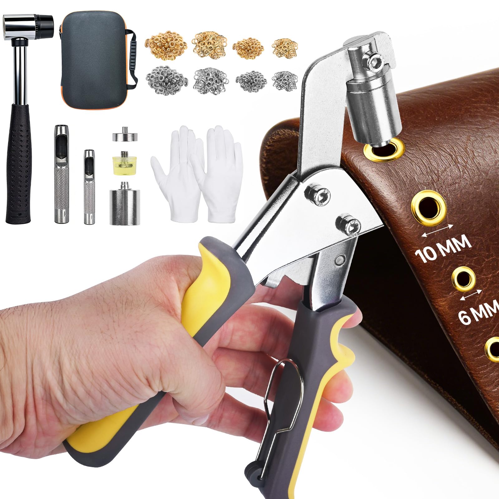 Heavy Duty Grommet Tool Kit, 600Piece 3/8 Inch (10mm)，1/4 Inch(6mm) Metal Eyelets in Gold and Silver, with Pliers, Gloves，Punch, Hammer,Leather,