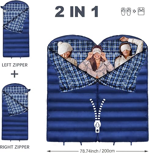 Miniatura 10 de POEPORE Saco de dormir de 0 grados 100% franela de algodón XXL para clima frío de invierno Saco de dormir de gran tamaño para adultos camping cero