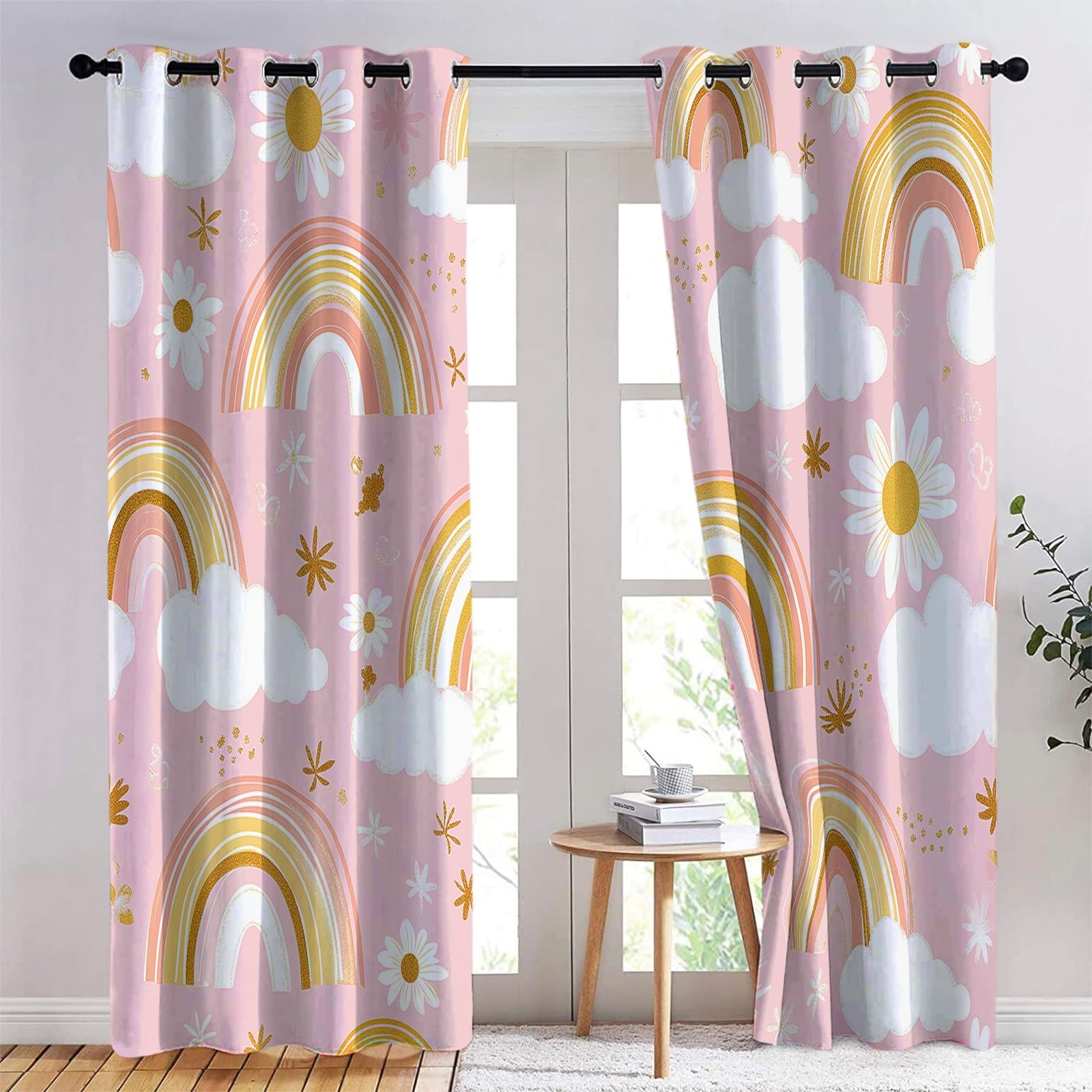 Générique Rideaux Occultants Nuages Arc en Ciel Plantes Fleurs, Rideaux Imprimé Isolant Thermique Anti Froid - Draperies Polyester Oeillet Rose pour Chambre Salon Décoration Lot de 2 110L x 215H cm