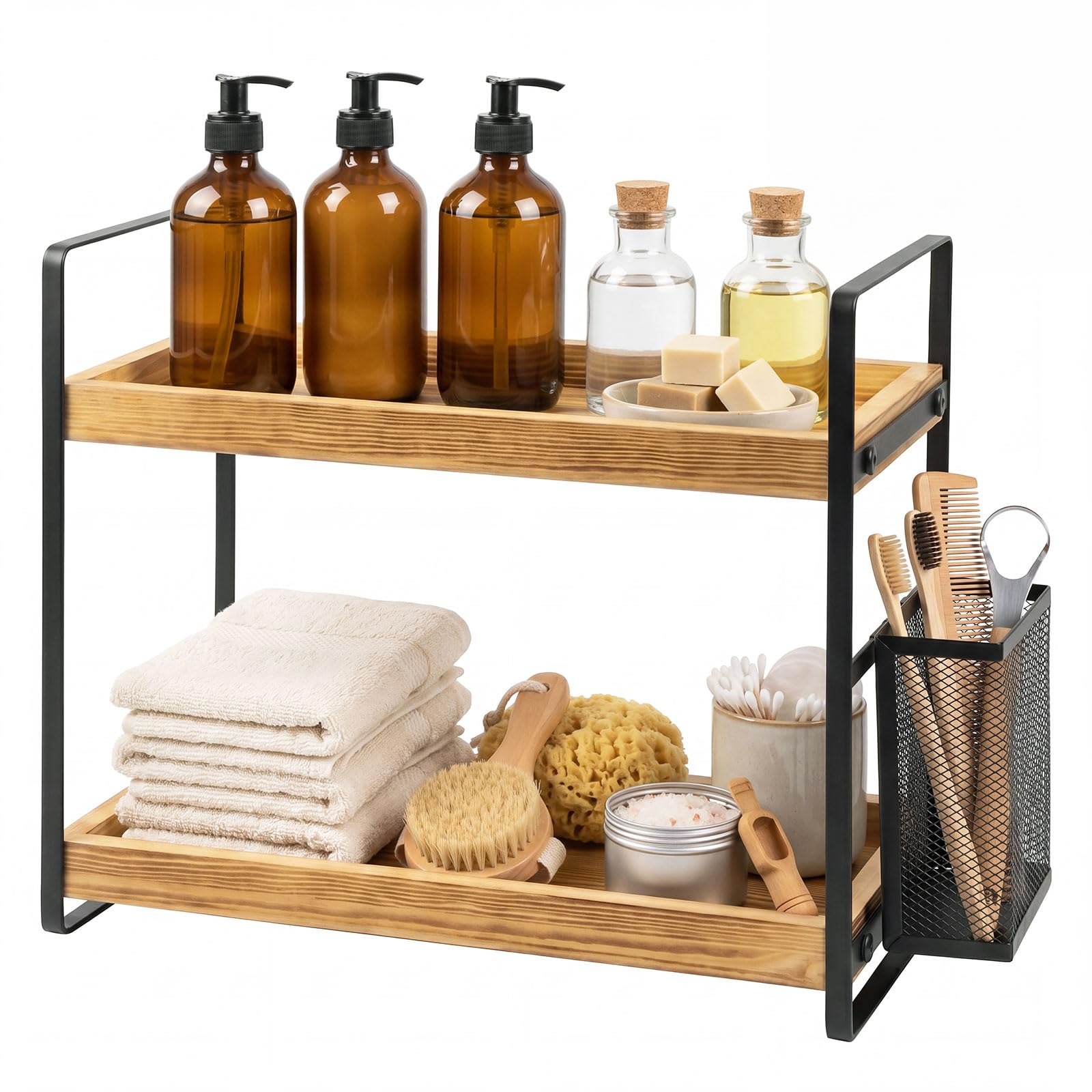Levede 2-Tier Bathroom Organiser with Side Basket, Vanity & Kitchen Shelf