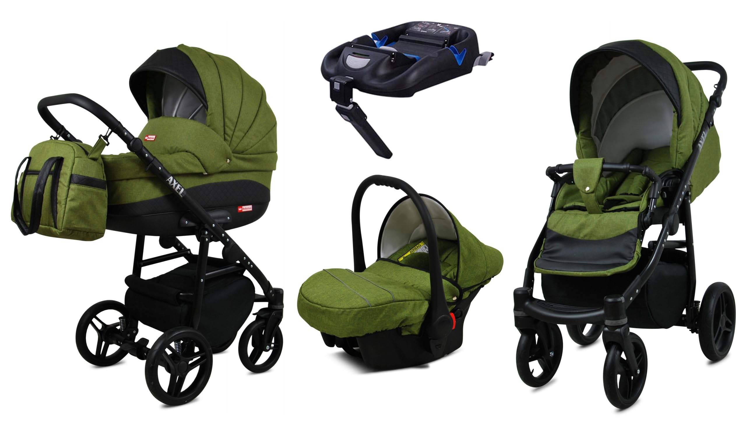BabyLux® Wózek dziecięcy kompletny zestaw 4 w 1, Axel, w tym gondola dla niemowląt, wędka, fotelik samochodowy, podstawa ISOFIX, wózek dziecięcy, system kombinowany, z torbą do przewijania itp.