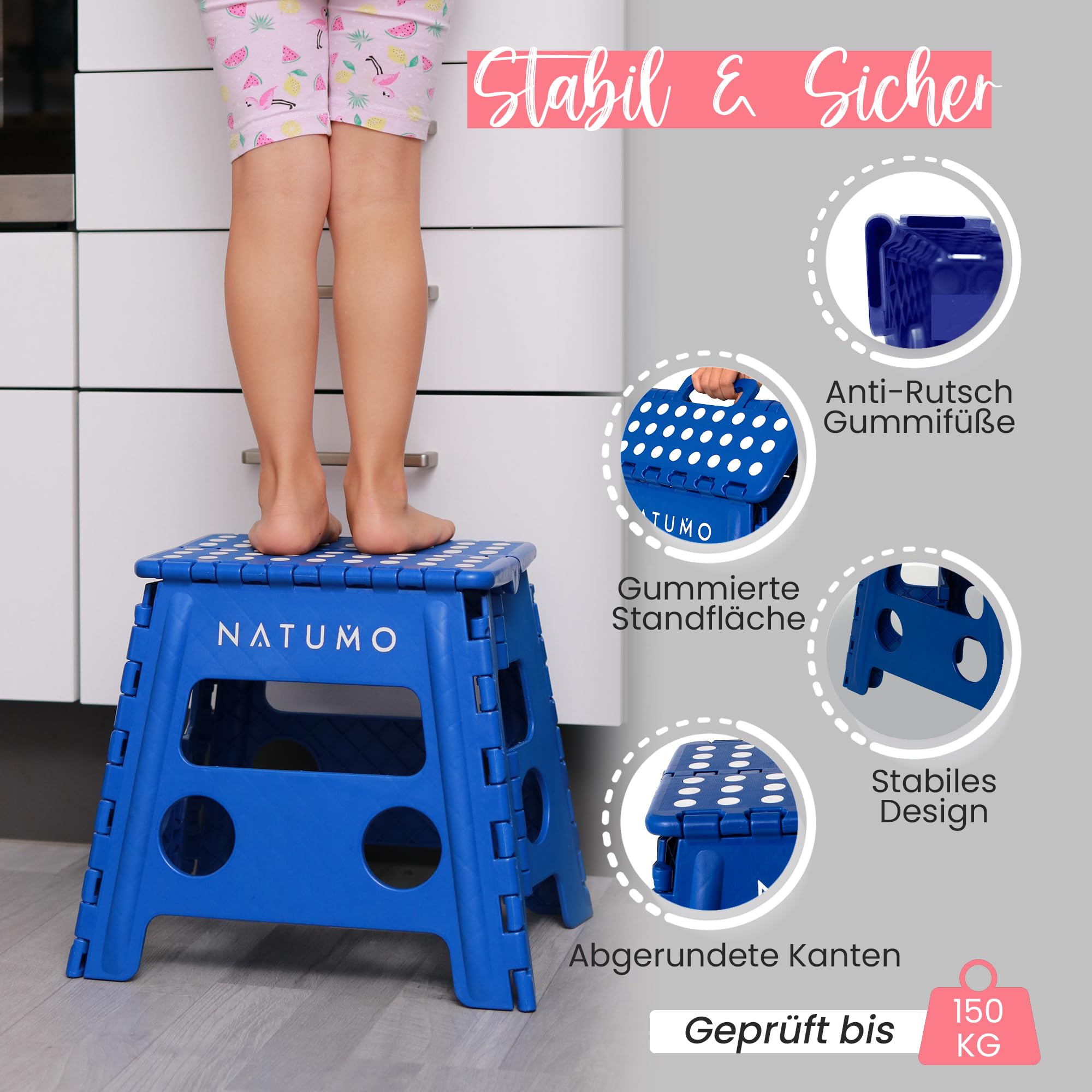 NATUMO® Sgabello pieghevole XL per bambini e adulti, sgabello pieghevole, leggero e antiscivolo, per campeggio, bagno, cucina e giardino, 33 cm (blu reale)