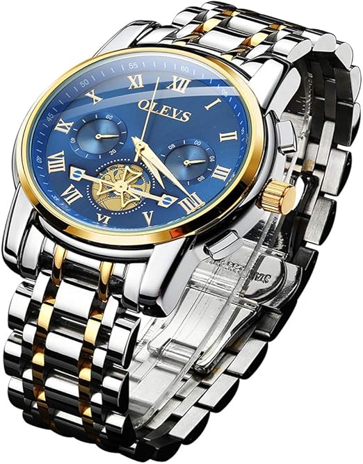 Amazon 腕時計 メンズ ビジネス 時計 うで時計 クロノグラフ ビッグフェイス ブルー ブランド メタルバンド ステンレス アナログ おしゃれ カジュアル スケルトン 紳士 男性用 父の日 プレゼント Watch For Men Olevs メンズ腕時計 腕時計 通販
