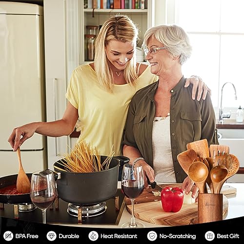 Miniatura 5 de Cucharas de madera para cocinar, juego de utensilios de cocina de madera, juego de 10 piezas de utensilios de cocina de madera con cucharas de