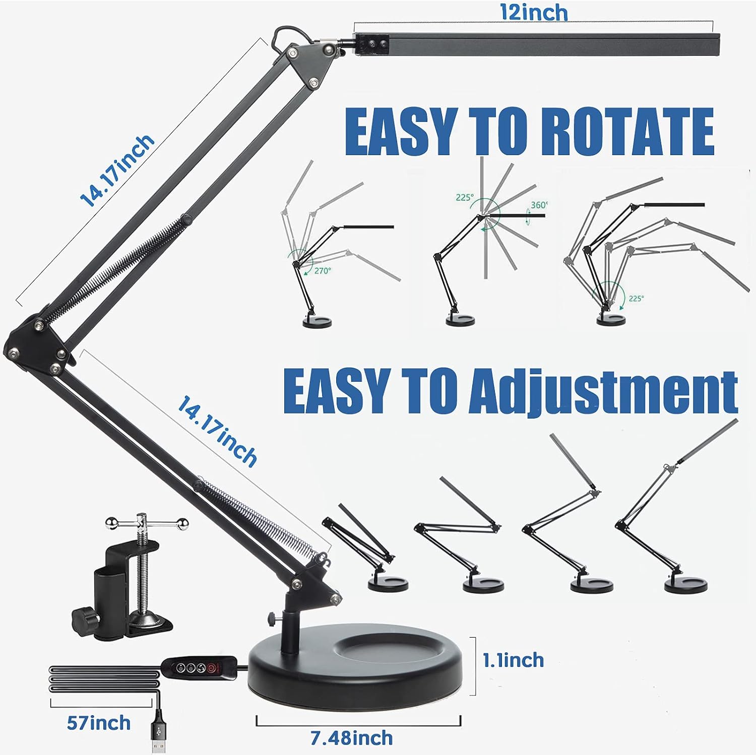 LED Desk Lamp with Clamp and Round Base, Swing Arm Eye Caring Table Lamp, 3 Color Modes 10 Brightness Levels, Memory Function Lamp with USB Adapter, Desk Light for Home Office 14W Black