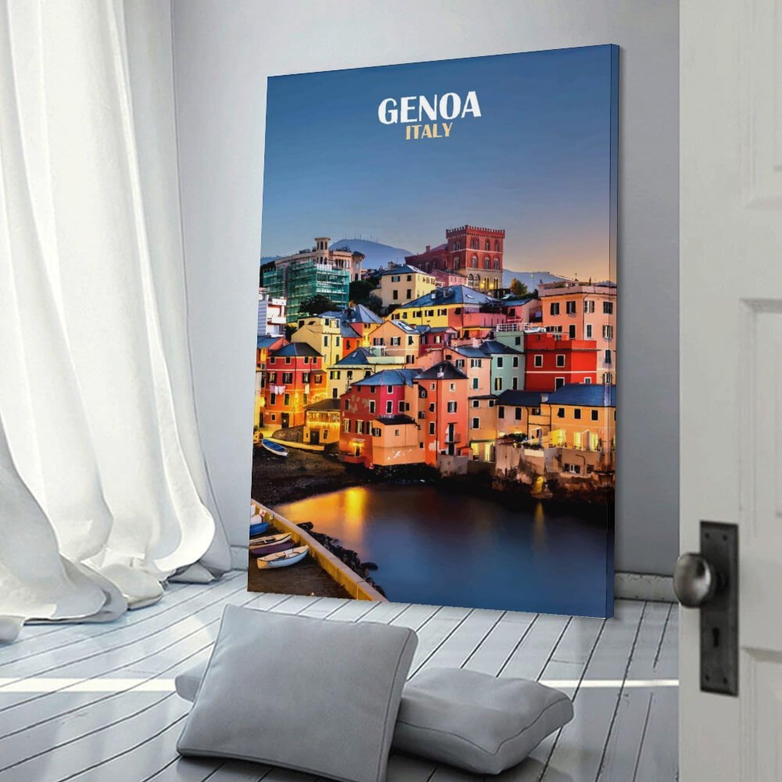 Junmoney Genoa, Italy at Dusk Decorative Wall Artwork, 16x24inch(40x60cm), for New Homes, Bedrooms Or Workspaces, Gift Idea for Housewarming And Birthdays