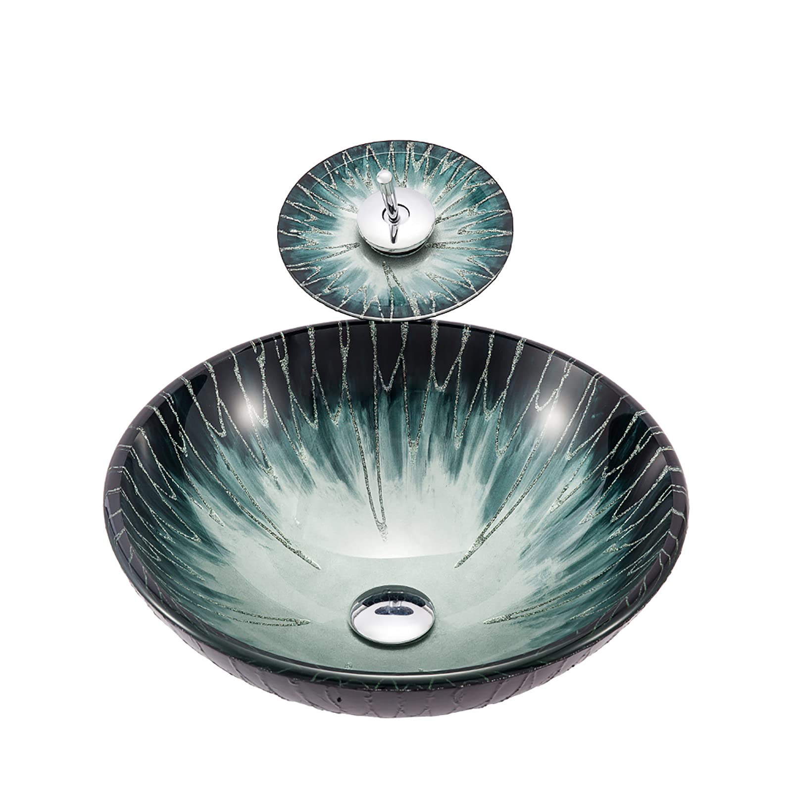WDSOPK Bathroom Vessel Sink Artistic Tempered Glass Green Gradient Bowl Round Countertop Vanity with Waterfall Faucet and Drain Combo