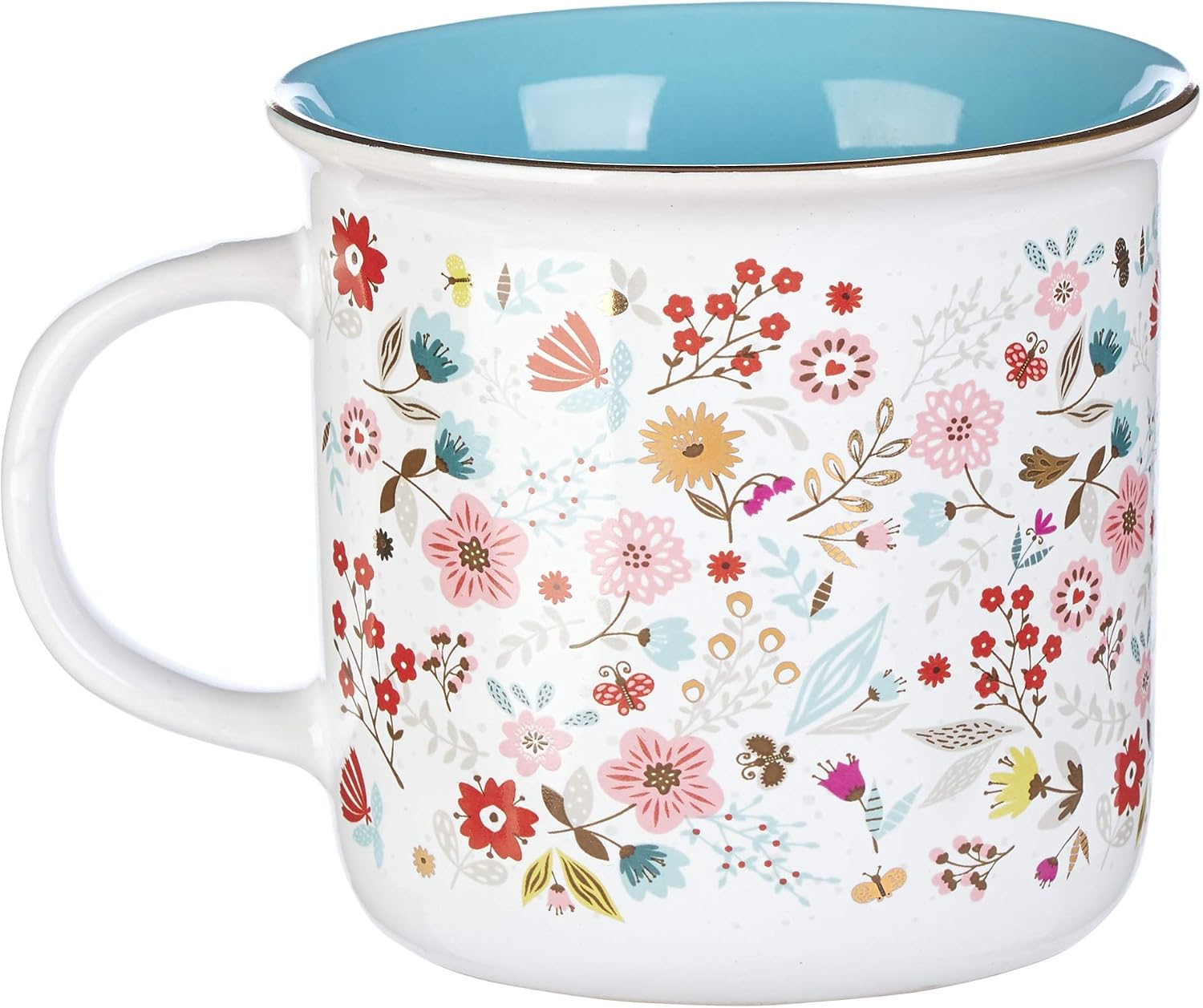 Today I Will Choose Joy Positive Message Encouraging Cute Mug for Women Floral Design Blue/White Ceramic Cup for Coffee/Tea, Metallic Gold Accent, 12oz